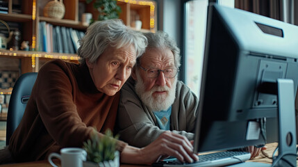 couple semi retired person, slumped over a compter frustrated by tech problems