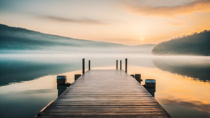 straight flat simplistic rectangular lake dock, beautiful sunrise, foggy. calm water. Nature relax wallpaper - obrazy, fototapety, plakaty