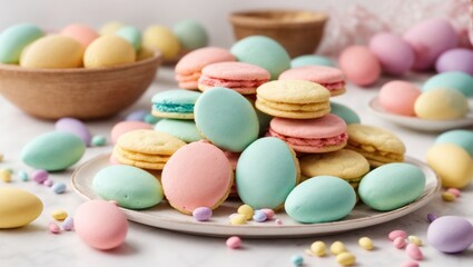 Colorful macarons and pastel colored dragee