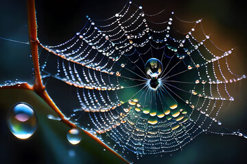 Spider web with morning dew drops