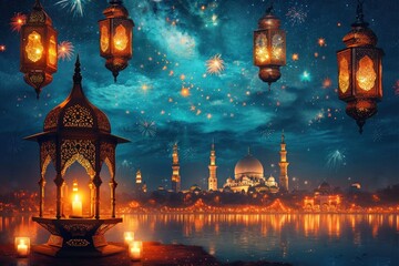 Obraz premium Ornate Lamp Design Iconic Mosque Gateway Bursting with Elegance