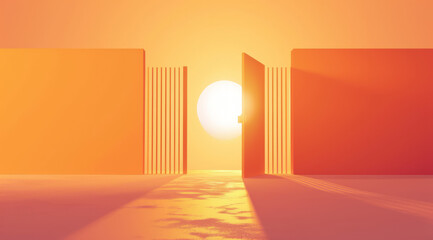 Warm sunrise viewed through a minimalist abstract gate frame.