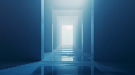 A futuristic door frame background in a hall, surrounded by blue walls.