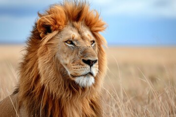 A regal lion with a magnificent mane, isolated on a savannah background