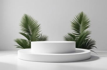Fototapeta premium White podium stand layout of the showcase template for product presentation, decorated with tropical leaves