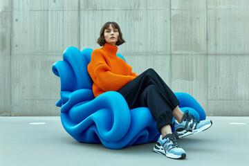 Fashion model with orange knitted sweater and baggy trousers sits on a futuristic looking...