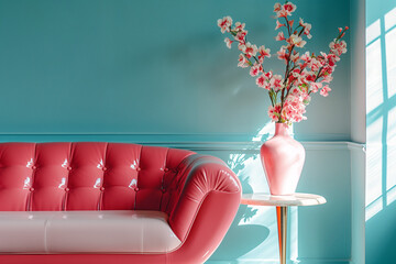 Retro looking shiny, padded. glossy pink vinyl couch and a vase filed with pink blossom against a teal wall - Generative AI
