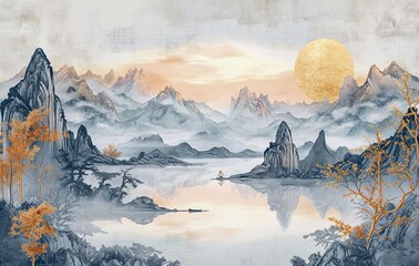 Chinese scenic lake wall tapestry wallpaper with mountains, in the style of light gray light amber, art elements, detailed hunting scenes, elegant calligraphy, dark gold silver, realistic naturalism. - obrazy, fototapety, plakaty