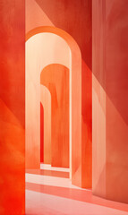 A futuristic archway background, framed by orange coral walls.