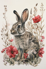 Botanical sketch of a rabbit in a flower field - Generative AI