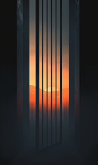 Naklejka premium Stark black and white striped doorway in a minimalist setting with sunset.