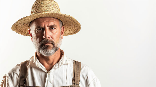 Portrait photograph of male farmer looking at the camera. Wearing farmers clothing and a straw hat.