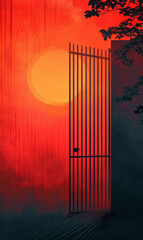Red minimalist gate with sunset glow casting shadows.
