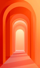 A futuristic archway background, framed by orange walls.