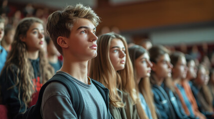 A group of young students stands in the university auditorium and listens attentively to the speaker. Election marathon, future presidential elections