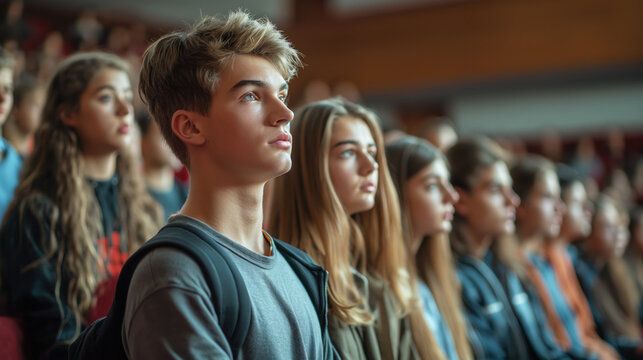 A group of young students stands in the university auditorium and listens attentively to the speaker. Election marathon, future presidential elections