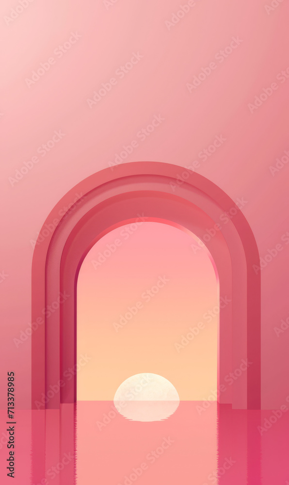 Wall mural A futuristic archway background with sunset, framed by pink coral walls.