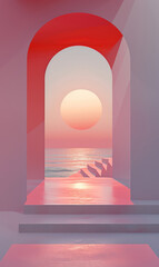 A futuristic archway background with sunset, framed by grey violet walls.