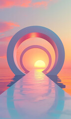 Circular structures form a tranquil path into the sunset over calm waters.