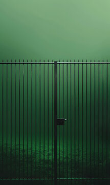 A mysterious green gate opens to a shadowy forest path.