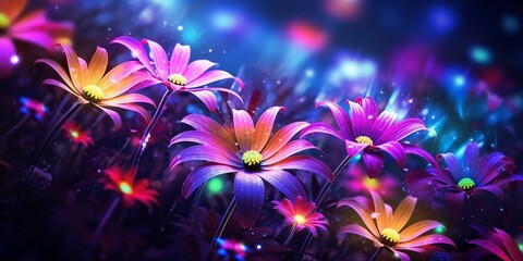 Obraz na płótnie Canvas Background picture. Stunning luxury neon vivid glitter flowers fantasy and colorfull flowers field Extremely photorealistic, wide lens using