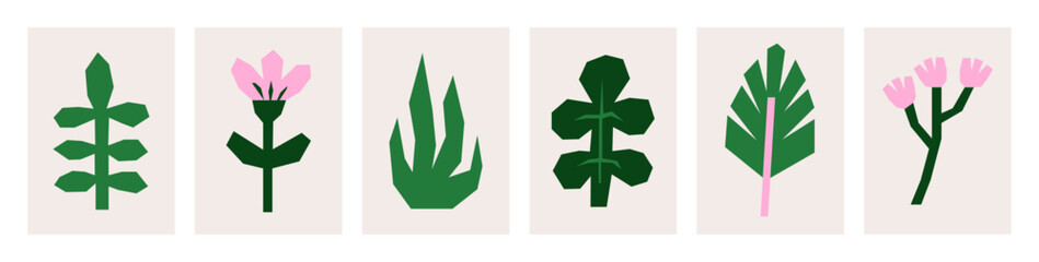 Set of isolated naive plants and flowers. Modern minimalist cards. Hand drawn floral colorful flat vector illustrations for web or interior design.