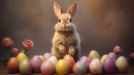 Fototapeta na wymiar Easter - Cute Bunny In Sunny Garden With Eggs, ,Generative Ai
