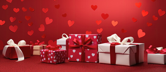 conjunto de cajas envueltas con papel regalo en colores blanco y rojo con corazones blancos, sobre superficie roja y fondo rojo decorado con pequeños corazones de papel