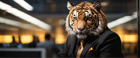  buying stocks with a mesmerizing depiction of an business Tiger wearing suits in an office, seated in front of a commanding monitor