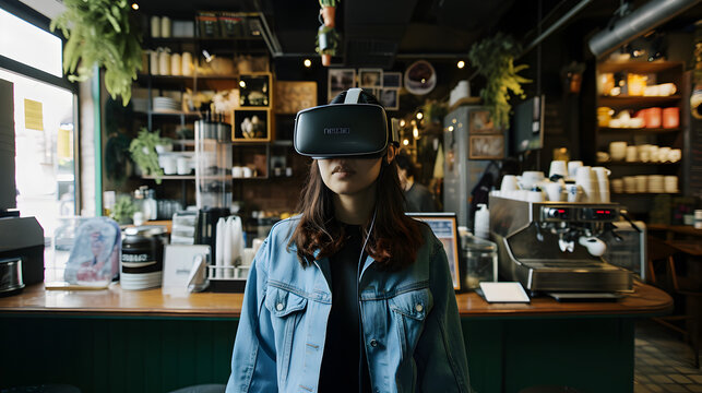 Photograph of one woman in a coffee shop wearing a VR headset.