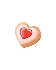 One heart-shaped cookie with strawberry jam. Color vector image.