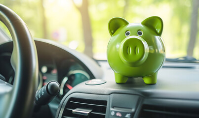 Green piggy bank in the car interior. The concept of purchasing, credit, leasing or car insurance - obrazy, fototapety, plakaty