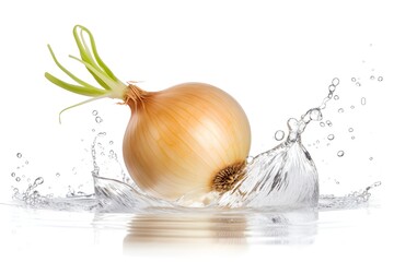 onion splashing with clear water in the air isolated on white background - obrazy, fototapety, plakaty