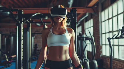 Photograph of one woman at the gym wearing a VR headset. - obrazy, fototapety, plakaty