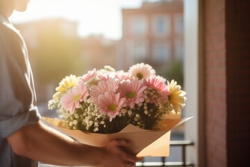 Special occasion flowers delivery. Closeup hands of delivery person holding bouquet of delicate flowers standing on doorsteps.