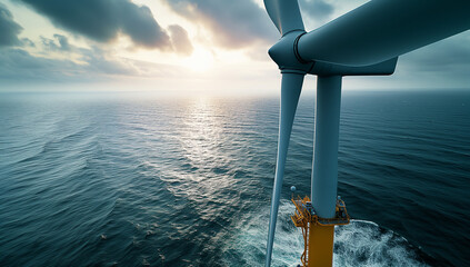 Wind Turbine at sea, close up - obrazy, fototapety, plakaty