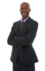 Accountant, portrait and black man in suit with arms crossed, confidence and smile with pride in white background. Finance, businessman and happy professional entrepreneur and work mindset in studio