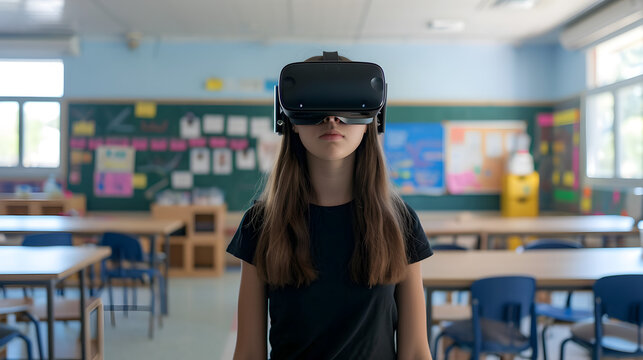 Photograph of one woman in a school classroom wearing a VR headset.
