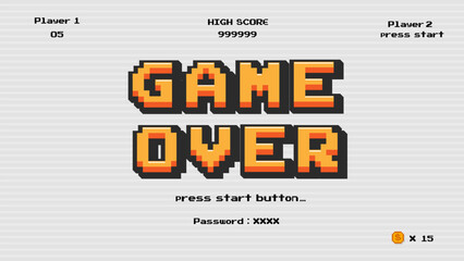 Game over press start button.pixel art .8 bit game.retro game. for game assets in vector illustrations.Retro Futurism Sci-Fi Background. glowing neon grid.and stars from vintage arcade comp