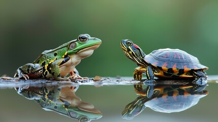 frog vs turle - obrazy, fototapety, plakaty