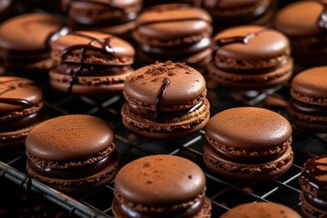 Obraz na płótnie Canvas Appetizing freshly made desserts macarons covered with melted chocolate in rows on metal mesh