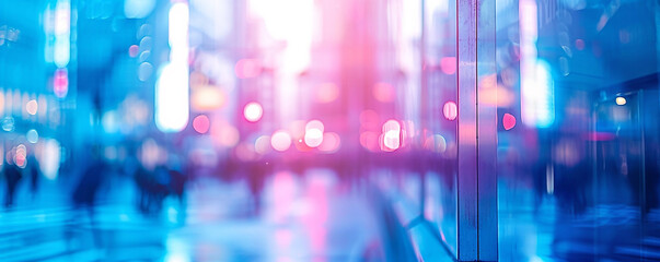  Abstract image of a cityscape bathed in a blue and pink hue with blurred lights creating a...