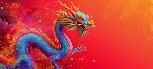 Vibrant Chinese dragon art with blue scales and a fiery mane, infused with an abstract celebratory background in red and orange.