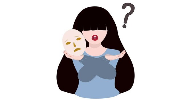 Woman with emotions. Mental health and psychology, awareness. Young girl chooses one of two masks. Mood, feelings and facial expressions. Fake and pretender. 