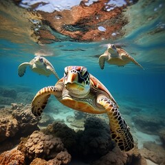 Fototapeta premium Turtles clear sea water swimming image Generative AI