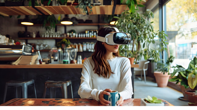 Photograph of one woman in a coffee shop wearing a VR headset.