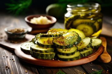 Slices of homemade pickles. Generative AI - obrazy, fototapety, plakaty