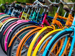 Fototapeta na wymiar Colorful bikes on a bike rack.