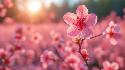 Pink cherry blossom, spring flowers on with contoured sunlight, beautiful nature wallpaper, springtime