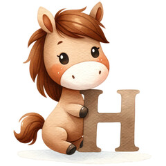 watercolor illustrations of a cute horse holding the letter 'H'